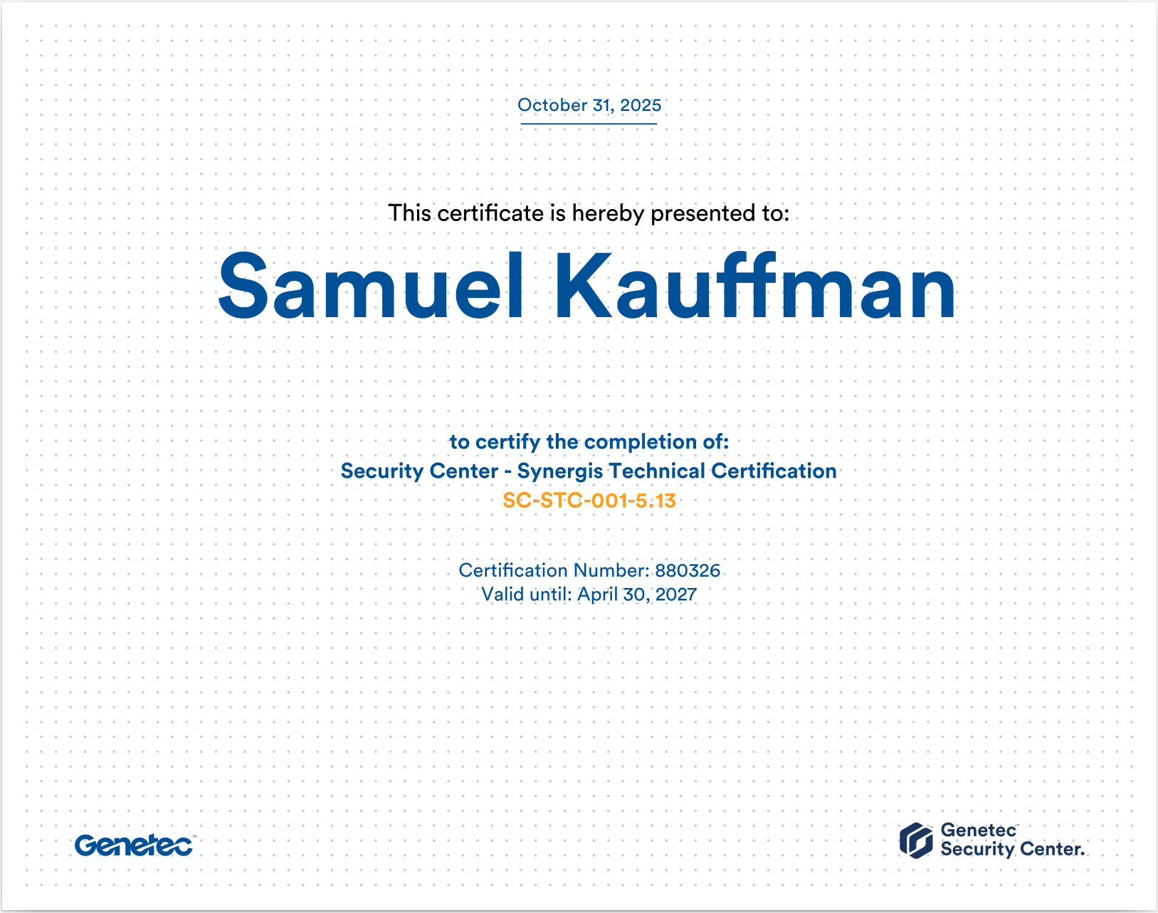Certification - Genetec 5.13